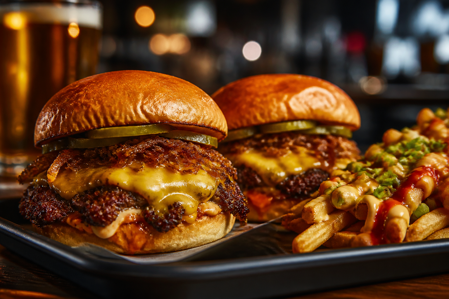Stacked burgers and loaded fries
