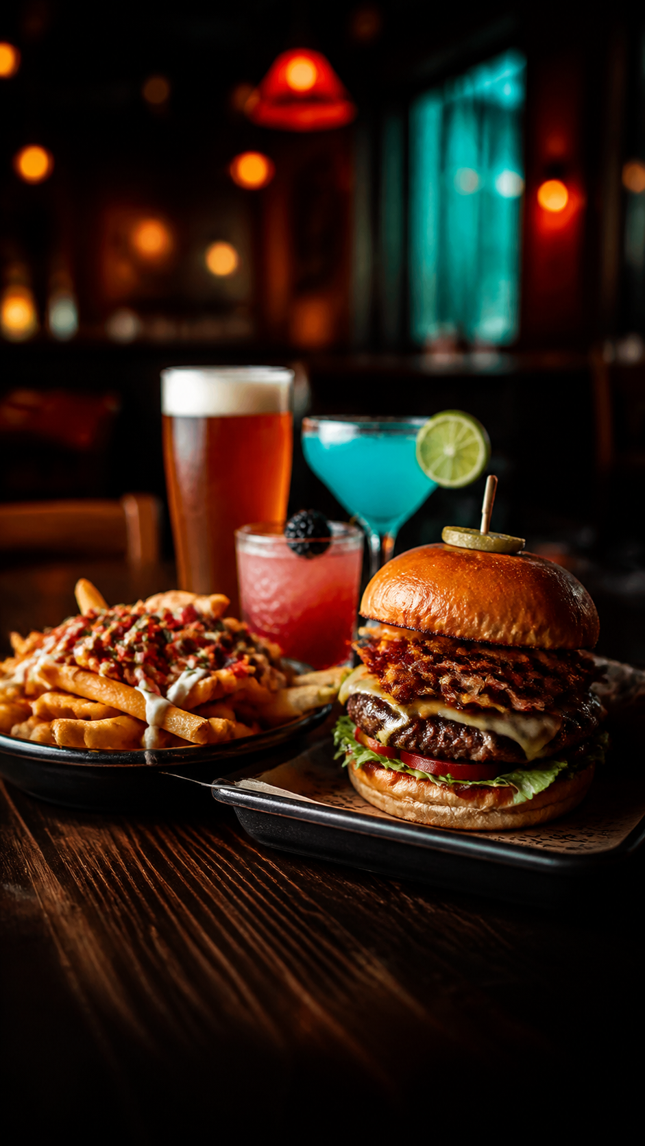 Burgers, loaded fries and drinks in a lively bar